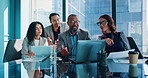 Meeting, discussion and business people in office on laptop for online research, proposal and finance planning. Teamwork, corporate and men and women on computer for collaboration and budget review