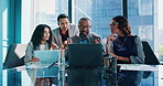 Meeting, manager and business people in office on laptop for online research, proposal and finance planning. Teamwork, corporate and men and women on computer for discussion, report and budget review