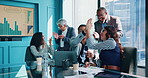 Meeting, success and business people high five on laptop for online research, winning and finance planning. Teamwork, corporate and men and women on computer for profit, investment and celebrate