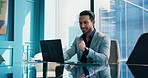 Investor, success or happy man on laptop in office for online profit, review or economy growth. Winner, financial consultant or accountant with fist pump for trading victory, goal or business target
