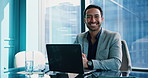 Investor, face or happy man on laptop in office for online project, review or economy website. Portrait, financial consultant and accountant on technology for planning budget, report or business 
