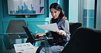 Laptop, documents and business woman with statistics for finance review, research and analytics. Office, corporate and person with charts, graph and report for financial planning, project and budget