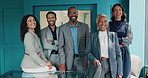 Face, team and happy business people in corporate office for cooperation, about us and investment banking. Portrait, group and confident workforce together for finance, solidarity and our vision