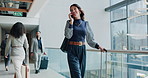 Phone call, suitcase and travel with business woman at conference for B2b manager, seminar speaker and contact. Convention center, walking and networking with person in lobby for event and expo