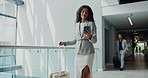 Phone, suitcase and search with business woman at conference for B2b manager, seminar schedule and contact. Convention center, walking and networking with person in lobby for smile, event and expo