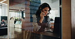 Investor, phone call or woman on laptop in office for online project, review or economy website. Hybrid, financial consultant and accountant in booth cubicle for planning budget, loan or business