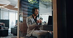Video call, laptop and smile with business man at airport lounge for sound proof booth, online meeting or webinar. Discussion, virtual conference and talking with employee and headphones as speaker 