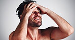 Clean, man and smile with wet hair in studio for shampoo shine, morning routine and grooming. Hygiene, person and happy for self care with scalp cleansing treatment and wellness on white background