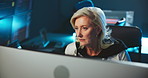 Computer, night and woman in office for coding, programming, software update and cybersecurity. Online, working late and mature person on pc for website development, user interface and AI system