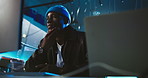 Computer, thinking and man at night for programming, software update and cybersecurity. Professional, working late and person on pc for website development, user interface and online AI system