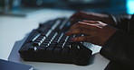 Keyboard, hands and businesswoman in office at night working on company investment account with deadline. Typing, overtime and closeup of financial manager with global client report in workplace.
