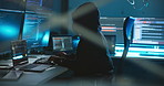 Computer, hacking and person with coding at night in control center for password phishing. Ransomware, technology and programmer on website server for crime with database cyber attack for encryption.