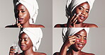 Face, black woman and skincare with series in studio for lip gloss, facial serum and drinking water. Smile, person and collection with eye mask of beauty glow, cosmetic treatment and white background