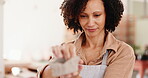 Clay, pottery and series with woman in boutique for crafting, manufacturing or production of ceramics. Design, process and workshop with artisan or potter in studio gallery for sculpting skill