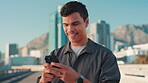 City, man and smile with smartphone for fitness, workout website and online communication on app. Outdoor, male person and runner on break with mobile, exercise meme and social media for laughing