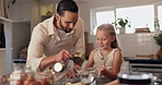 Home, learning and father with girl, baking and bonding together with ingredients, help and recipe. Cooking, family and dad with daughter, teaching and utensils with support, smile and kid in kitchen