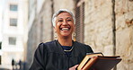 Face, smile and judge or woman in city for courtroom schedule, legal statement and justice constitution. Trial report, verdict claims and evidence legislation with mature magistrate for lawyer case