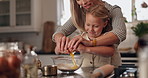 Home, learning and mother with girl, baking and bonding together with ingredients, help and support. Utensils, family and mama with daughter, recipe and loving with smile, kid or cooking in kitchen