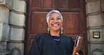 Face, laugh and judge or woman in city for courtroom schedule, legal files and justice constitution. Trial report, verdict success and evidence legislation with mature magistrate for lawyer case