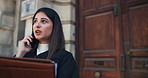 Phone call, file and judge or woman in city for lawyer consulting, legal statement and client feedback. Trial advisor, verdict claims and evidence review with magistrate for contact and discussion