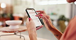 Woman, phone screen and hands in small business for invoice, service quote and pottery sale in workshop. Potter, entrepreneur and bill on mobile display for stock order, account management and scroll