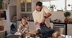 Dad, child and phone call with school for breakfast, packing or preparation in kitchen at home. Busy father, daughter or helping kid getting ready with bag for lunch, snack or first academic day