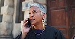 Communication, woman and phone call in city, corporate and talking to late client, attorney and frustrated. Outdoor, advocate and mature person with mobile for legal advice, angry or file for lawsuit