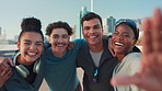 Selfie, runner and smile with friends in city for workout success, training achievement and photography. Profile picture, fitness club and exercise with people outdoor for post, health and sports pov
