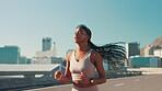 City, black woman and bridge with running for fitness, wellness challenge and training for marathon. Outdoor, female person and runner with endurance for exercise jog, cardio and breathing on road