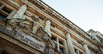 Below, building and court for justice or law, judicial with traditional architecture for legal place. Landmark, structure and location for legislation, litigation or magistrate courthouse in city
