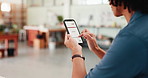 Man, phone screen and hands in small business for invoice, service quote and information in workshop. Creative, entrepreneur and bill on mobile display for stock order, account management and scroll
