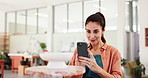 Pottery, class and woman with phone for social media, picture or online post for creative design. Studio, workshop or person on smartphone for photo of ceramic hobby, clay object and sculpture lesson