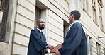 Judge, men and handshake in city for law deal, case agreement and thumbs up for judicial partnership. Lawyer, shaking hands and collaboration for legal settlement, dispute resolution and goodbye