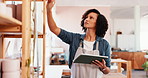 Tablet, planning notes and woman with pottery checklist, inventory and manufacturing. Person, employee and ceramic manager in studio, store website and designer in small business and accounting audit