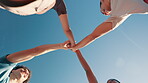 Outdoor, friends and high five with hands for fitness, support or solidarity for training as running team. Below, people and smile with applause for motivation, celebrate or synergy for exercise goal
