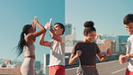 Running, high five and success with people in city for training support, achievement and workout montage. Winner, fitness and health collage with runners outdoor for time goal, challenge and exercise