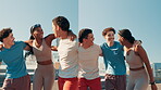 Running, hug and friends or people in city for training support, bonding and workout montage. Diversity, fitness and health collage with group of runner outdoor for marathon, challenge and exercise