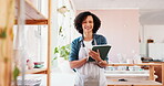 Woman, face and tablet in workshop for pottery, inventory management and clay order. Small business, portrait or creative entrepreneur in startup for ceramics sales, craft checklist or stock supply