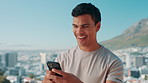 Happy man, typing and mountain view with phone for fitness app, chatting or texting in nature. Active, male person or user with smile on mobile smartphone for health tracker, goals or social media