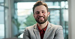 Crossed arms, happy and face of businessman in office with confidence, pride and ambition for career. Professional, consultant and portrait of person for finance advisor, investor job and opportunity