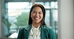 Corporate, laugh and face of business woman in office with confidence, pride and ambition for career. Professional, consultant and portrait of person for finance advisor, investor job and opportunity