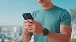 Man, hands and connection with phone for fitness app, research or network on mountain. Closeup, male person or user with smart watch or mobile smartphone for health tracker or breathing reminder