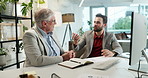 Computer, teamwork and talking with business people in office for accounting review, audit feedback or discussion. Planning, portfolio manager or collaboration with men in finance agency for report