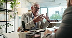 Mature manager, businessman and consultation with client for wealth management, financial advice and help. Meeting, talking and ideas for investment planning, profit report and strategy in office