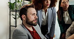 Computer, teamwork and planning with business man in office for accounting review, audit feedback or meeting. Discussion, portfolio manager or collaboration with employees in finance agency for idea