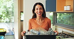 Face, woman and bottle in trash at house for recycling, cleaning service and waste management. Portrait, person and plastic and garbage for hygiene, disposal collection and environment responsibility