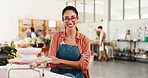 Mature, woman and face with pottery in art studio, arms crossed or ceramics with creative learning, manufacturing or production. Skills, handmade and artwork with female person with craft in workshop