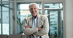 Crossed arms, lobby and face of mature businessman in office with confidence, pride and career. Professional, corporate manager and portrait of person for finance advisor, investor job and company