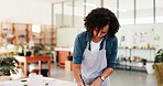 Woman, workshop and thinking with pottery, inventory and product manufacturing inspection. Ceramic manager, checklist and clay pot with stock, designer and small business or studio retail production