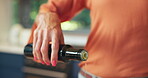 Hands, woman and pouring oil at house for cooking, meal preparation and dressing for salad. Female person, liquid and frying process for breakfast, recipe seasoning and flavour ingredient for dish
